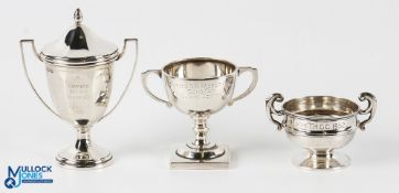 Group of 3 Small Hallmarked Silver Golf Trophies - one lidded example with inscription to front