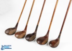 5x Assorted socket neck woods incl Hamleys large head brassie, W Groves light stained persimmon