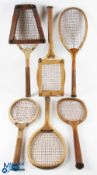 6x Period Tennis Rackets, a lot of used rackets to include a Philp Mead Bat Co Victory racket, a