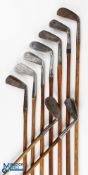9x Assorted irons - to incl' big ball deep faced mashie niblick stamped Faith Chicago, Sammy iron