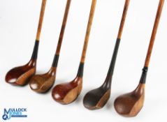 5x Assorted socket neck woods to incl' James Braid dark stained persimmon spoon, FB Drake small head