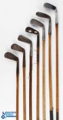 7x Assorted Irons - to incl' Wright & Ditson round-backed lofting iron with central ball dot pattern
