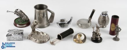 Golf Themed Collectables, a selection of metal, chrome, pewter - lighters, tankard, ash tray, desk