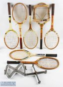 c1950-1970 Wooden Tennis Rackets, a lot of 7 rackets and presses, to include Dunlop Maxply LM with
