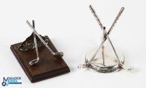 Edwardian Golfing Silver Desk Tidy and Silver Golf Ball Holder - Desk tidy having silver crossed