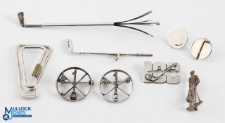 Assorted Golf Related Silver Items (9) - 2x silver marcasite hole-in-one brooches, 2x ball
