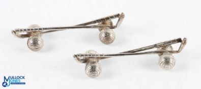 Pair of White Metal Crossed Longnose Clubs and Guttie Golf Ball Knife Rests - overall 4.25