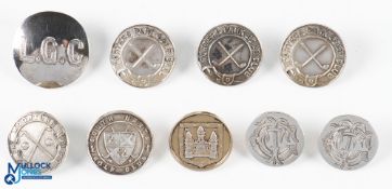 9x Hallmarked Silver Golf Buttons - including South Herts, Porters Park x3, Moortown, LGC, 2x