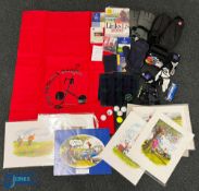 Carton of Golf Accessories, a mixed lot of used golf items with 7 humorous golf prints, gloves, golf