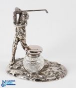 Cast Plated White Metal Golfer Design Ink Stand having a standing golfer holding a detachable club