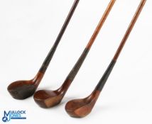 3x Scottish Club Makers Scare Head Woods - R Forgan POWF brassie with thick leather face insert,
