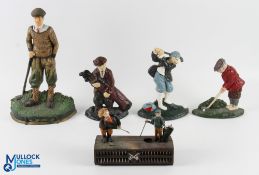 Cast Iron Golf Door Stops and Mechanical Money Box, 4 assorted door stops and a moneybox, all modern