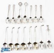 15x Assorted Silver Golfing Spoons - including 7 having golf club design handles plus others, some