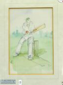 Cricket Batsman in Motion Pencil Drawing with colour wash signed Tim, framed, and mounted under