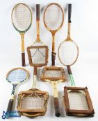 c1950-1970 Wooden Tennis Rackets, a lot of 8 rackets and presses, to include Dunlop International