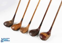 5x Assorted socket neck woods to incl large head driver with decorative shield markings to the