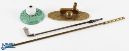 Period Cast Iron and Enamel Golf Club fire poker with Golf Ball stand, plus a modern brass golf
