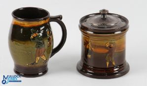 Royal Doulton Golfing Kingsware series storage jar and tankard, the jar has 2 firing marks to inside