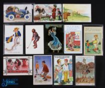 12 Period Humorous Golf Themed Postcards, postally used and unused cards (12)