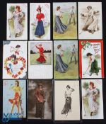 12 Period Ladies Golf Themed Postcards & Advert, with examples from Lowneys Chocolates, New Year