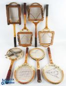 c1950-1970 Wooden Tennis Rackets, a lot of 8 rackets and presses, to include Snauwaert Top Wood L-4,