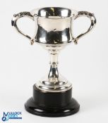 Hallmarked Silver Twin Handled Trophy Cup on black painted wooden plinth, hallmarked Birmingham