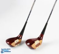 2x Paul Gibson Master Club Maker handmade persimmon woods with central stripe bar face inserts,