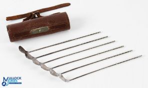 Set of 6 Alvin White Metal Golf Club Stirrers with leather golf club bag holder, each stirrer