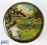 c1930 Tennis Themed Keillers Polar Mints Sweet Tin Advertising, a round sweet lidded tin with a good