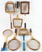 c1960-1970 Wooden Tennis Rackets, a lot of 7 Rackets and Presses, to include Dunlop white flash with