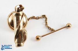 9ct Gold Golf Bag and Clubs Tie Tack and Chain length 2.5cm, marked to rear 375 with makers initials