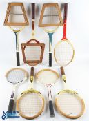 c1950-1970 Wooden Tennis Rackets, a lot of 7 rackets and presses, to include Slazenger Junior,
