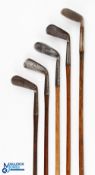 5x Assorted irons - to incl' Maxwell mashie niblick stamped 28, Tom Stewart early pipe mark smf