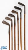 6x Assorted irons - to incl' Smiths patent anit-shank wing toed niblick showing the Masonic cleek