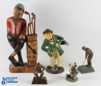 Golf Figures a collection of resin and a large wooden carved golf figure with golf bag and clubs #
