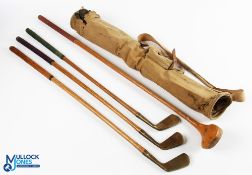 4x Juvenile Golf Clubs in Canvas bag for Harrod's London a light stained persimmon wood and 3x brass
