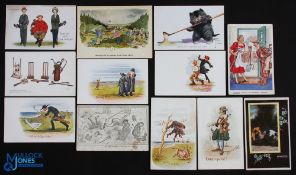 12 Period Humorous Golf Themed Postcards, with noted examples of on Borth Links, Lawson Here's a
