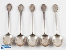 5x Matching Silver Golfing Teaspoons with oval finials stamped with crossed golf clubs and golf