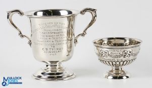 2x Golfing Hallmarked Silver Trophy Awards - one twin handled cup with engraved inscription to front