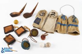 5x Period Golf Ball Cleaning Tools by Helvin, Silvertown, a wooden tee holder with 4 wooden golf