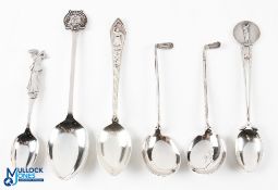 6x Silver Golfing Spoons - including large Stanmore Golf Club spoon, one with golfer design terminal