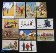 12 Period Humorous Golf Themed Postcards, postally used and unused cards 10 are period cards - 2 are