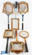 c1960-1970 Wooden Tennis Rackets, a lot of 6 rackets and Presses, to include Stellar Dimond Black