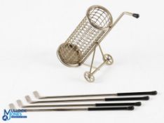 1950s Style Metal Golf Bag Trolley c/w 4x golf club swizzle sticks - overall 6.75