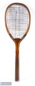 c1900-1910 Slazenger Stadium Wooden Tennis Racket, with patent shoulder, shoulder whipping gut