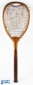 c1890 F H Ayres Tennis Racket, has faint imprint F H Ayres on frame near throat, leather butt cap