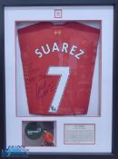 Luis Suarez signed Liverpool FC home replica football shirt in red, signed to the reverse 'To Mark