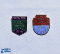 1976 + 1976-77 The Football Association Steward FA Enamel Badges, both pin backed (2)