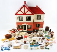 Period Lines Brother Tri-ang Wooden Dolls House, with electric lights, period lino and a box of