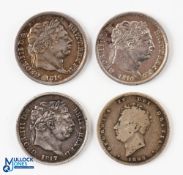 3x George III Silver Shilling Coins - 1816 x2 and 1817, with a George IV 1825 shilling, worn (4)